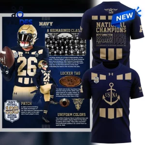 Detailed display of Navy Midshipmen 100th Anniversary National Champions shirt design elements and football uniform.