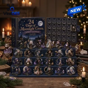 Front view of Moonlight Coven Witch Advent Calendar featuring 24 collectible miniature witch figures and storage box.