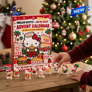 Front view of Hello Kitty x In-N-Out Burger Advent Calendar box with miniature character figurines on a wooden table.