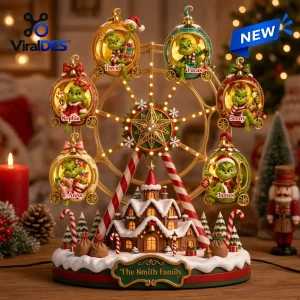 Personalized The Grinch Christmas Ferris Acrylic Light Box with six custom character ornaments and a snowy village base.