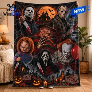 Front view of a Halloween fleece throw blanket featuring a collage of horror movie character portraits and icons.