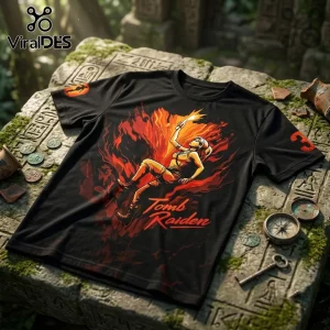 Tomb Raider 30th Anniversary Lara Croft T-Shirt featuring Lara holding a flare against orange fire on a black fabric.