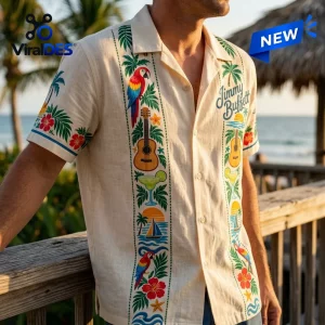 Front view of Jimmy Buffett Parrothead Guayabera Hawaiian Shirt featuring parrot, guitar, and tropical beach graphics.