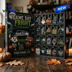 Front view of an open Seattle Seahawks Halloween 2026 Advent Calendar box displaying twenty-four themed metal ornaments.