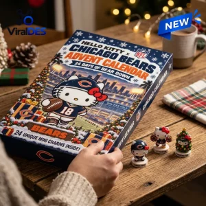 Top view of a Hello Kitty x Chicago Bears Advent Calendar box with three small character figurines on a wooden table.