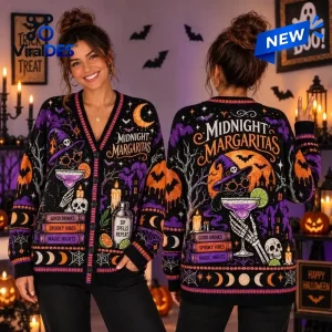 Front and back view of a woman wearing a Midnight Margaritas Witch Cat Halloween ugly cardigan.