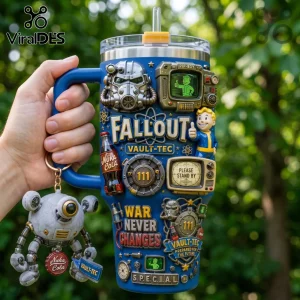 Fallout 111 Vault-Tec 40oz Stanley Tumbler featuring 3D gaming icons, Pip-Boy, Nuka-Cola bottle, and character emblems.