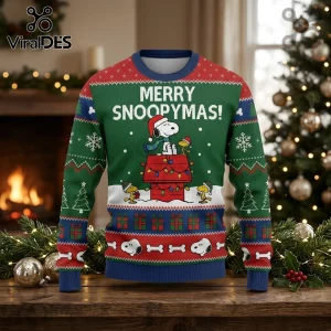 Snoopy Merry Snoopymas Green Ugly Christmas Sweater featuring Snoopy, Woodstock, and holiday patterns on a knit texture.