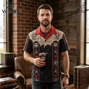 Georgia Bulldogs Premium Mascot Hawaiian Shirt featuring red and black patterns with bulldog icons and football graphics.