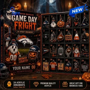 Front view of Denver Broncos Game Day Fright Halloween Advent Calendar with twenty-four spooky numbered compartments.