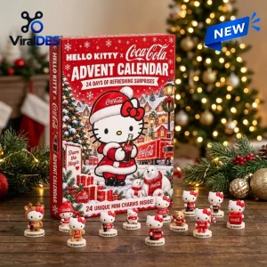 Front view of Hello Kitty x Coca-Cola Advent Calendar 2026 box surrounded by miniature figurines on a wooden table.