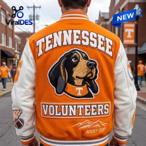Back view of the Tennessee Volunteers Orange Baseball Bomber Jacket featuring a hound dog patch and Rocky Top lettering.