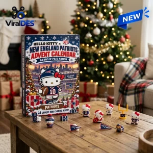 Front view of Hello Kitty x New England Patriots Advent Calendar box with miniature collectible figures on a wooden table.