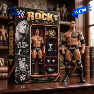 Front view of The Rock collectible action figure standing beside its packaging box.