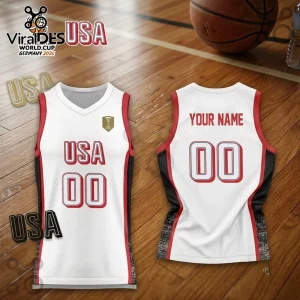 USA Women's Basketball 2026 FIBA World Cup white jersey with red and black side panels and custom name and number graphics.