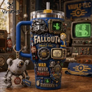 Fallout 111 Vault-Tec 40oz Stanley Tumbler featuring 3D Pip-Boy, power armor helmet, and Wasteland-inspired graphics.