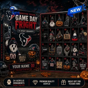 Front view of Houston Texans Game Day Fright Halloween Advent Calendar open to reveal 24 ornaments.