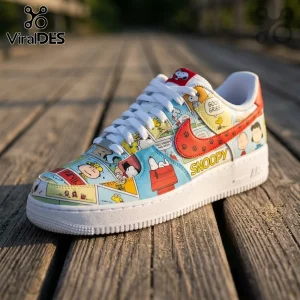 Snoopy Cartoon Character Air Force 1 shoes featuring vibrant comic strip panels, white laces, and a red swoosh on wood floor.