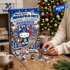 Front view of a Hello Kitty x Indianapolis Colts Advent Calendar on a table with miniature figures.