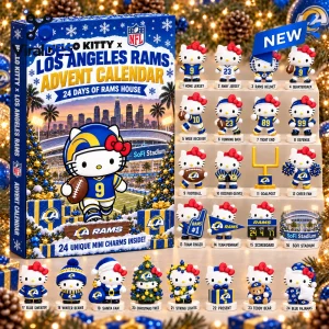 Front view of a Hello Kitty x Los Angeles Rams advent calendar with twenty-four miniature character figures displayed.