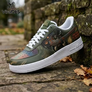 Iron Maiden A Matter of Life and Death 20th Anniversary AF1 sneaker in olive green with Eddie graphic and white sole.