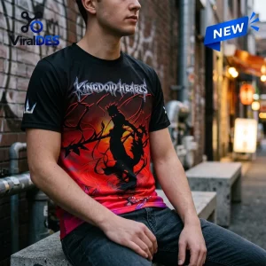 Kingdom Hearts 25th Anniversary Shirt featuring a black silhouette character on a red and orange fiery background.
