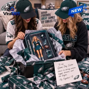 Barbie Philadelphia Eagles Acrylic Plaque set featuring a doll in team apparel and accessories inside a collector box.
