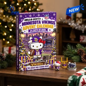 Front view of a purple Minnesota Vikings advent calendar featuring Hello Kitty, placed on a wooden table with mini charms.