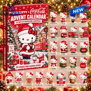 Front view of Hello Kitty x Coca-Cola Advent Calendar 2026 showing twenty-four holiday-themed character figurines.