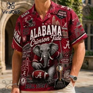 Alabama Crimson Tide Mascot Hawaiian Shirt featuring elephant, football, Bryant-Denny Stadium, and text on crimson fabric.
