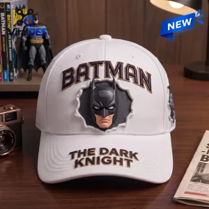 Front view of the Batman The Dark Knight White Baseball Cap with a molded mask emblem.