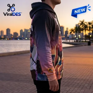 Side view of a black pullover hoodie featuring a sunset city graphic and characters.