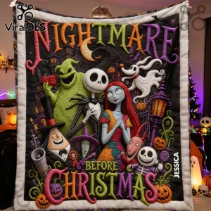 Nightmare Before Christmas personalized blanket featuring Jack Skellington, Sally, Oogie Boogie, and Zero on black fabric.