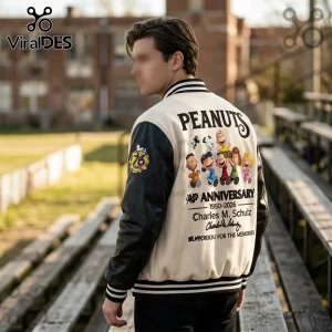 Peanuts Snoopy 76th Anniversary Baseball Jacket featuring classic comic strip characters on a cream wool and leather body.
