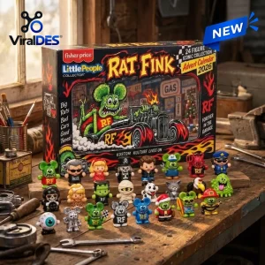 Front view of Fisher-Price Little People Collector Rat Fink 2026 Advent Calendar box and figures.