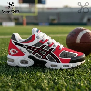 Kansas City Chiefs Custom Air Max Plus Sports Sneakers featuring red, white, and black colors on a football field turf.
