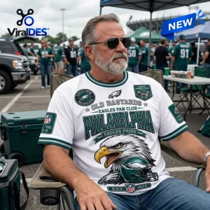 Philadelphia Eagles Old Bastards Mascot T-Shirt with eagle graphic, team colors, and text on a white athletic crew neck.