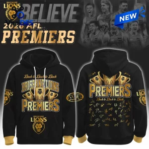 Front and back view of Brisbane Lions 2026 AFL Premiers Black Hoodie with gold trophy graphics.