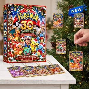 Front view of the Pokemon 30th Anniversary Christmas Holiday Advent Calendar with ornaments.