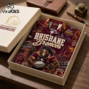 Brisbane Broncos Maroon Hawaiian Shirt featuring team logos, player imagery, and Suncorp Stadium graphics in a gift box.