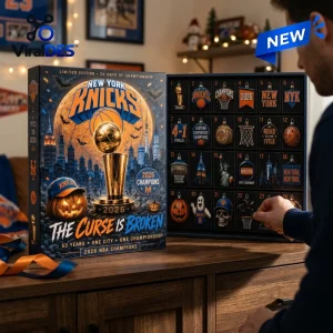 Side view of a person opening a New York Knicks 2026 Champions Advent Calendar with twenty-four numbered compartments.