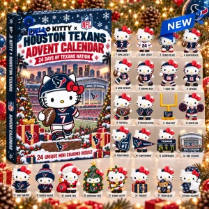 Front view of a Hello Kitty x Houston Texans Advent Calendar with twenty-four numbered collectible character figures.