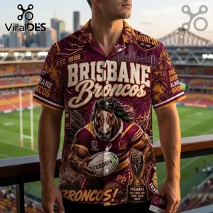 Brisbane Broncos Maroon Hawaiian Shirt featuring a horse mascot, rugby ball, and team typography on a stadium background.