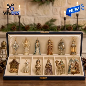 Front view of 2026 Nativity Story Christmas Advent Calendar featuring figurines in a blue box.
