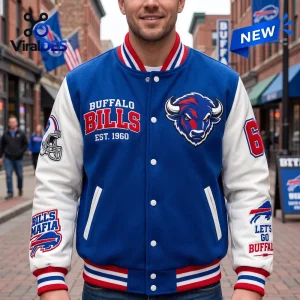 Front view of an NFL Buffalo Bills Football Varsity Baseball Jacket with blue body, white sleeves, and team patches.