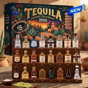 Front view of a Tequila Advent Calendar 2026 with twenty-four miniature tequila bottles arranged on tiered wooden shelves.