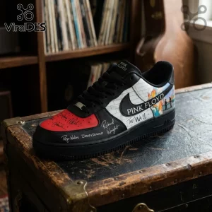 Pink Floyd Dark Side of the Moon Air Force 1 shoes featuring black leather, red toe box, and The Wall graphic side panels.