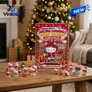 Front view of a Hello Kitty Arizona Cardinals Advent Calendar box surrounded by small themed character figurines on a table.