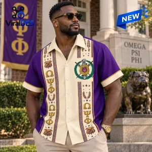 Man wearing an Omega Psi Phi purple and gold Hawaiian shirt featuring bulldog and crest graphics, front view.