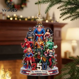 Justice League 2026 Superhero Christmas Tree Ornament featuring Batman, Superman, Wonder Woman, and other DC characters.
